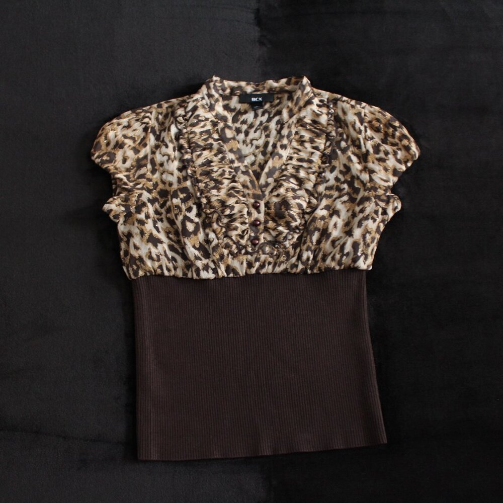 2000s Sparkly Cheetah Print Blouse w/ Stretchy Waist Band